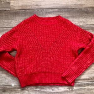 Red Cropped Crewneck Knit Sweater